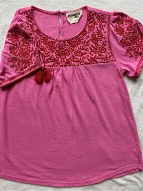 Savanna Jane Pink Knit Top with Contrasting Red Embroidery